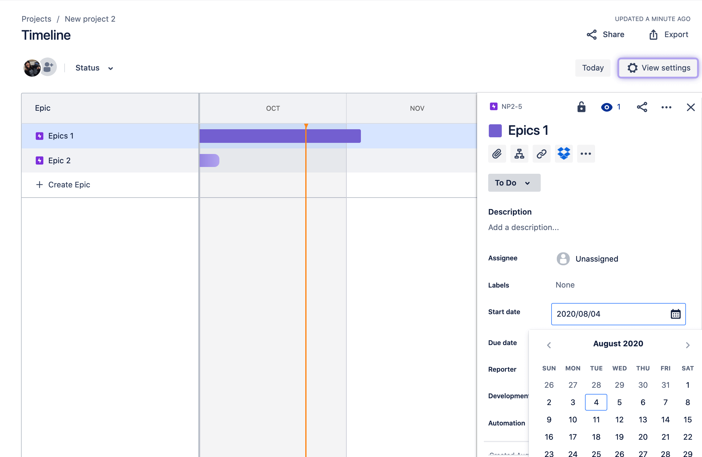 Fijar la fecha de inicio de un epic en la vista de Cronograma de Jira Software
