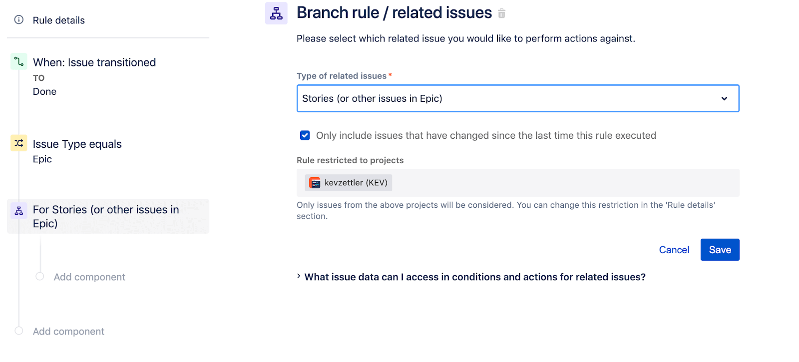 Pantalla Branch rule / related issues (Regla de rama/incidencias relacionadas)