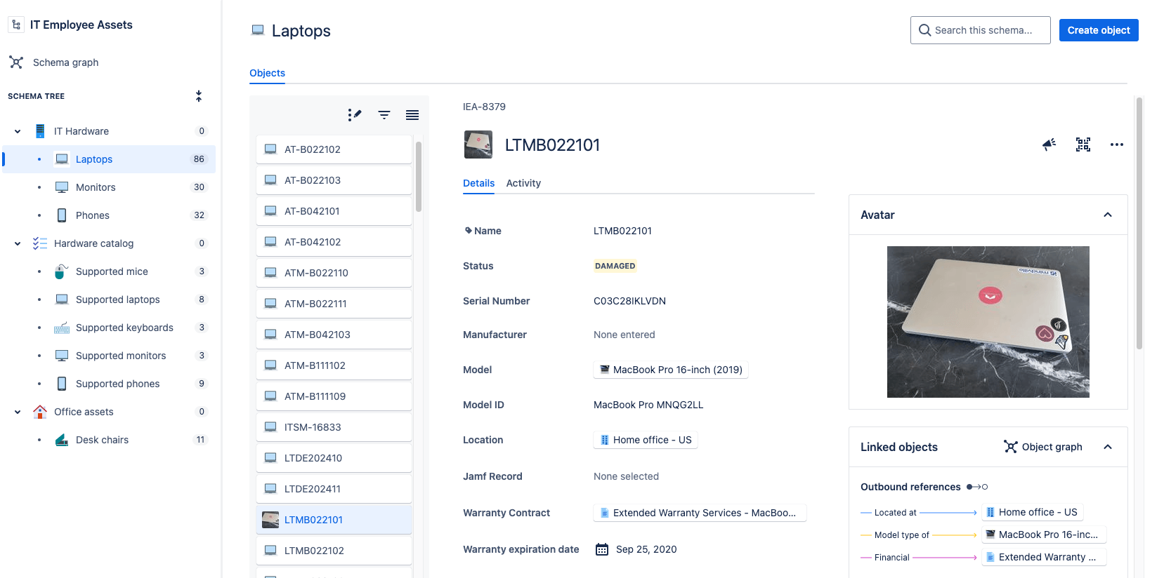 Jira Service Management の従業員アセット画面
