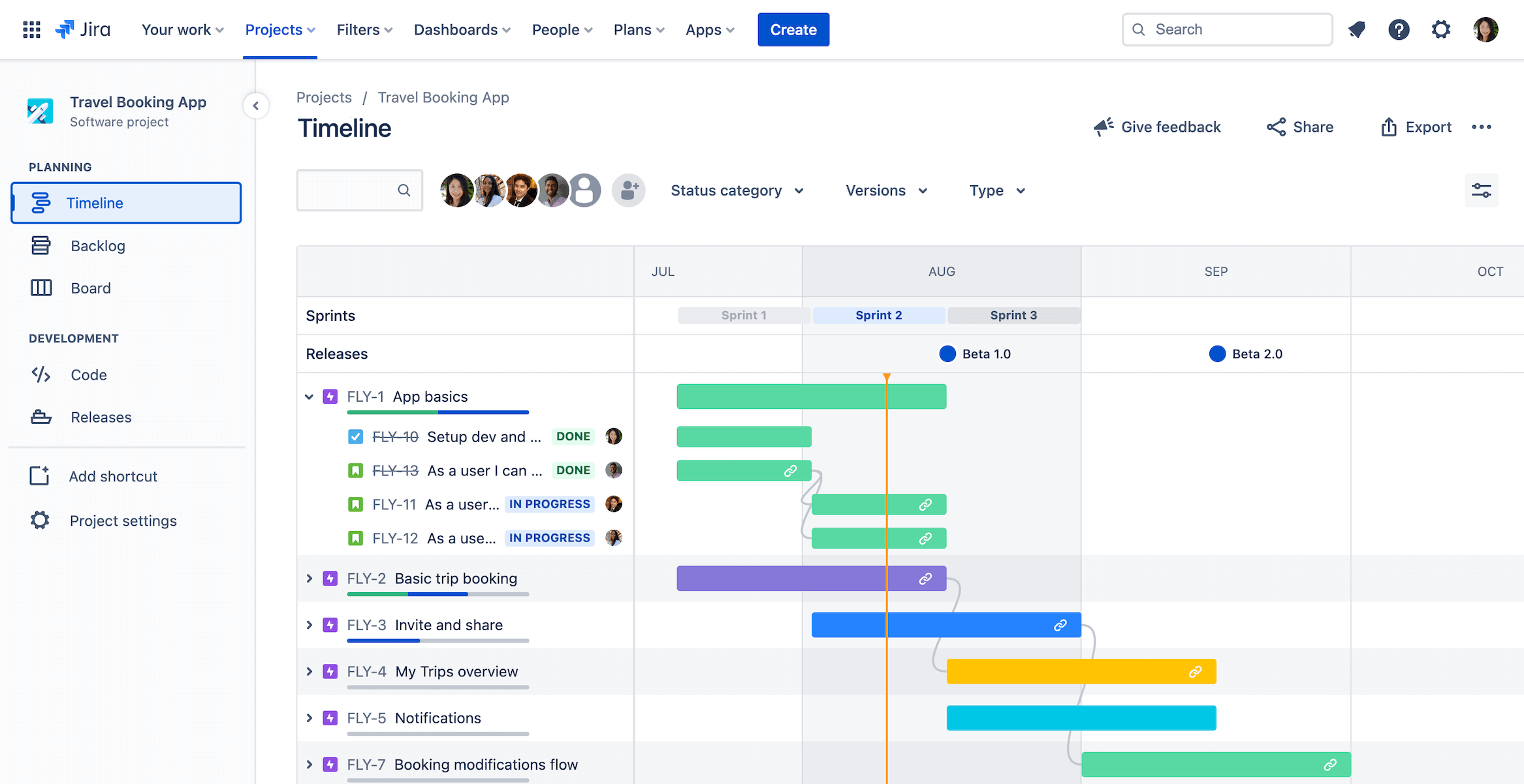Vista de Cronograma en Jira Software que muestra varios epics en progreso