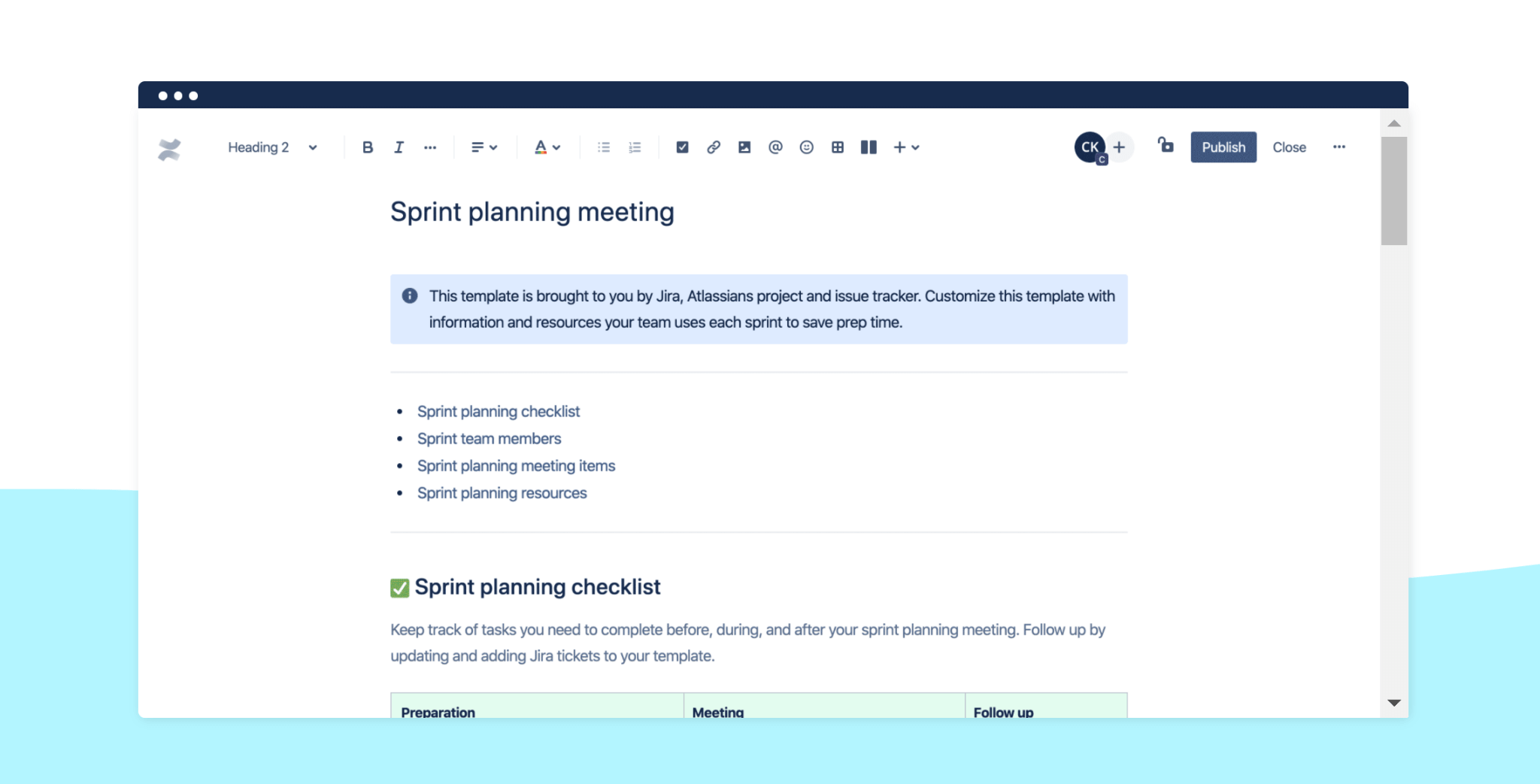 Captura de pantalla de planificación de sprints en Confluence