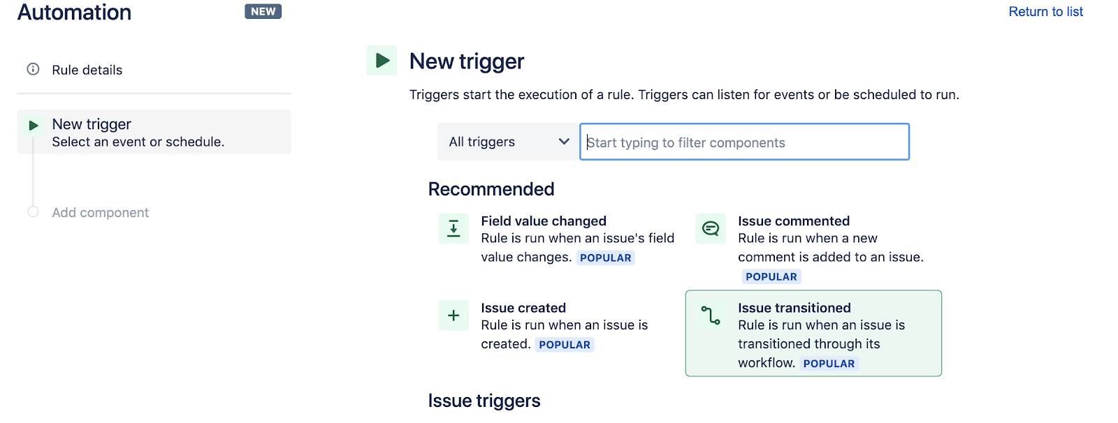 Seleccionar un desencadenador en Jira Software