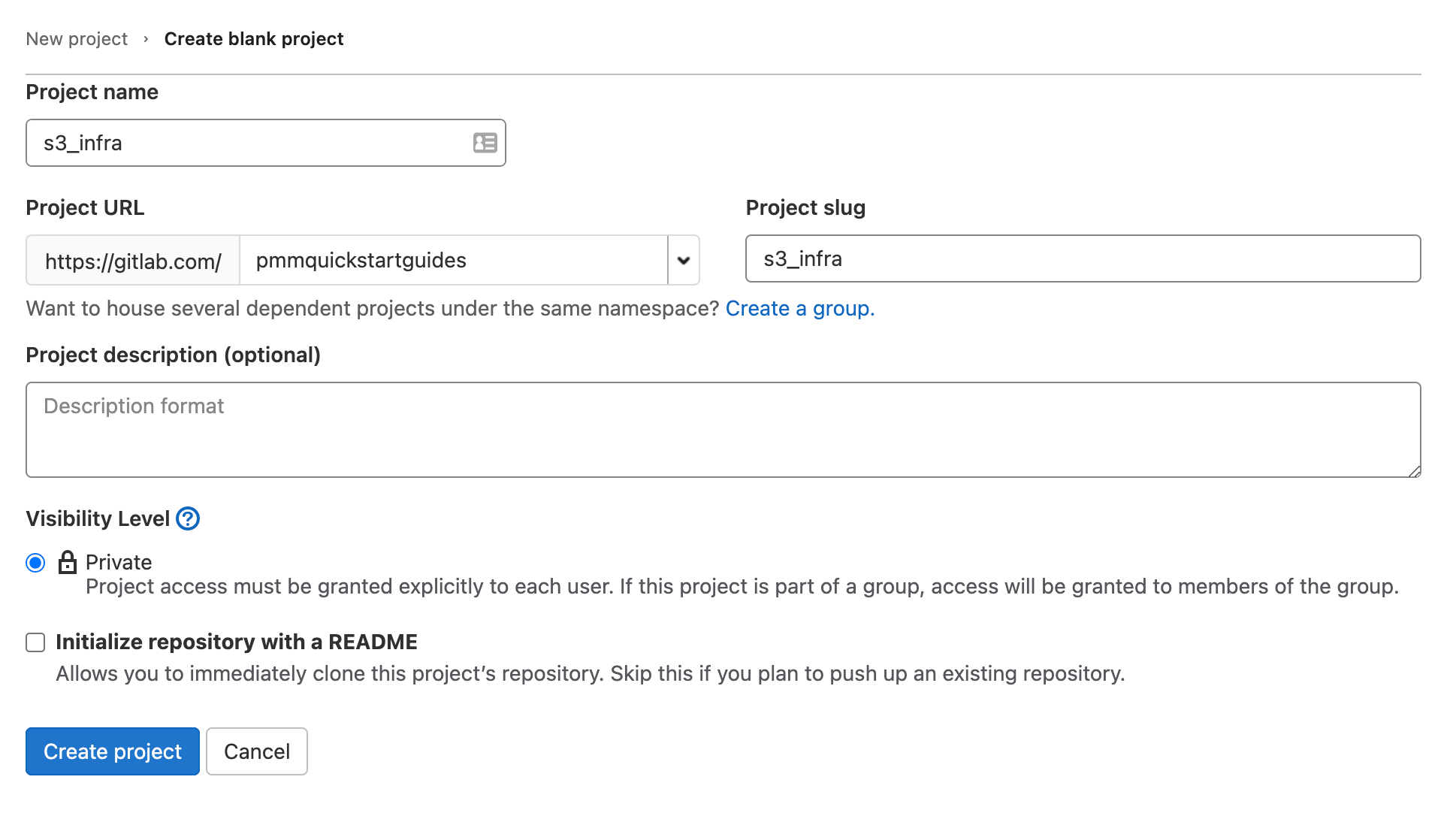Erstellen eines neuen Projekts in GitLab – Detailbildschirm in Gitlab