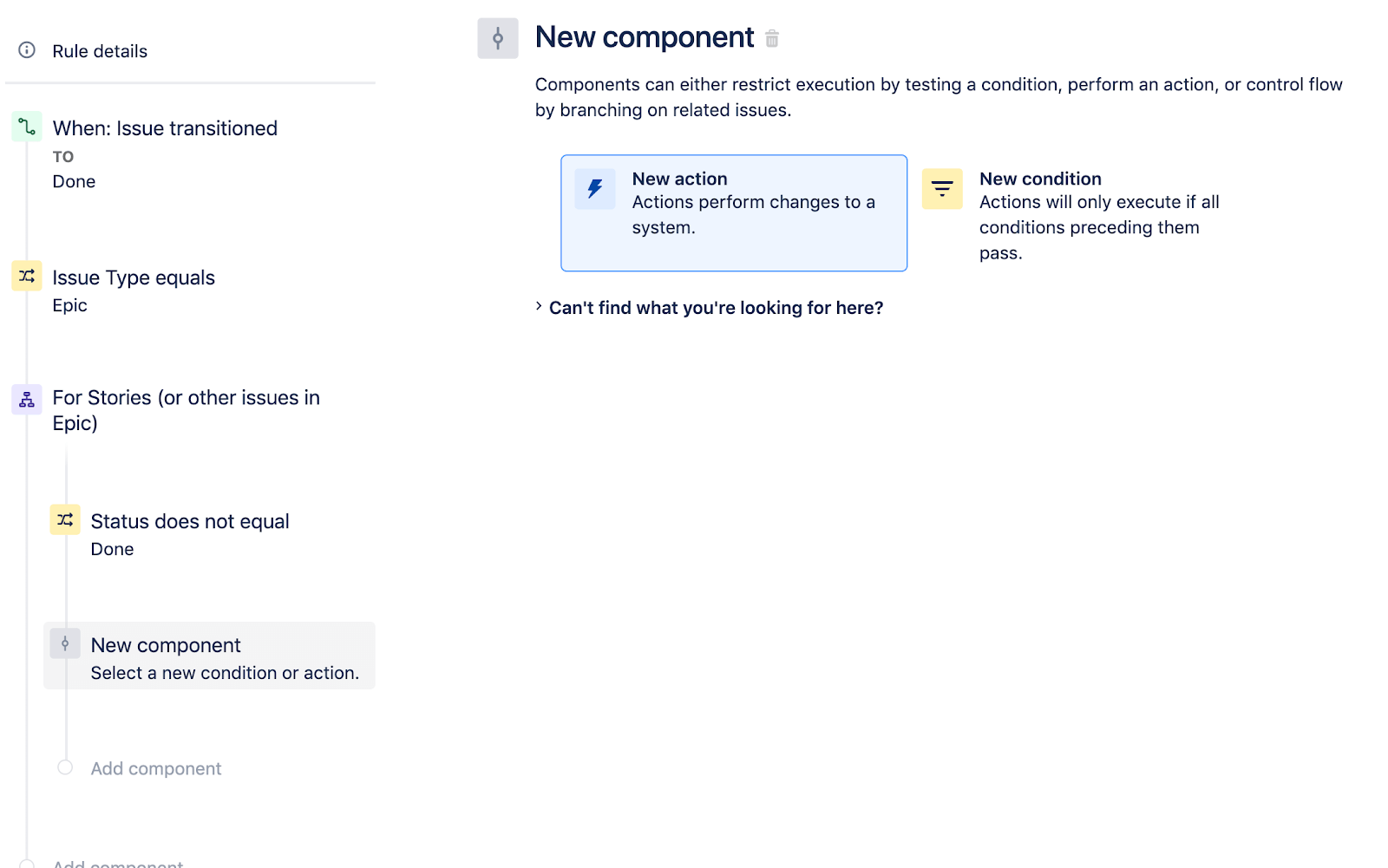 Seleccionar una acción nueva como componente nuevo en Jira Software