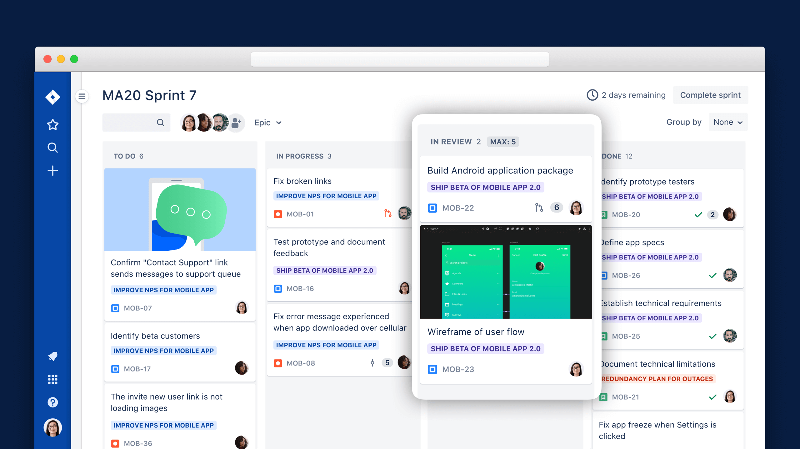 Tarjetas kanban digitales como se muestra en un tablero de Trello | Orientador ágil de Atlassian