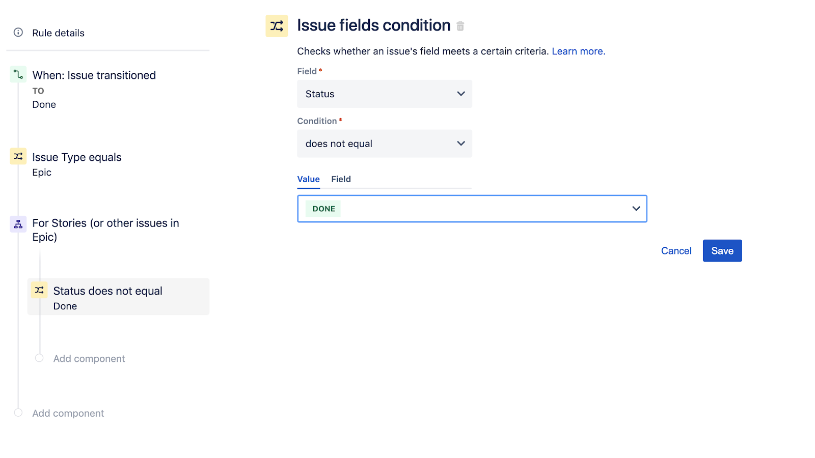 Configurar la Condición de campos de incidencia en Jira Software