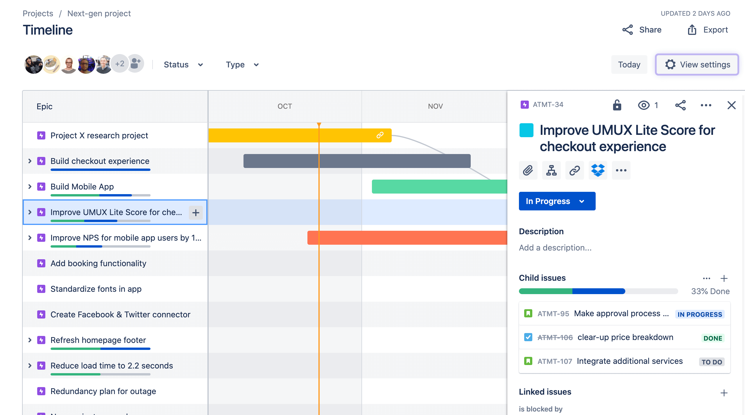 Ver los detalles de una incidencia epic en la vista de Cronograma de Jira Software