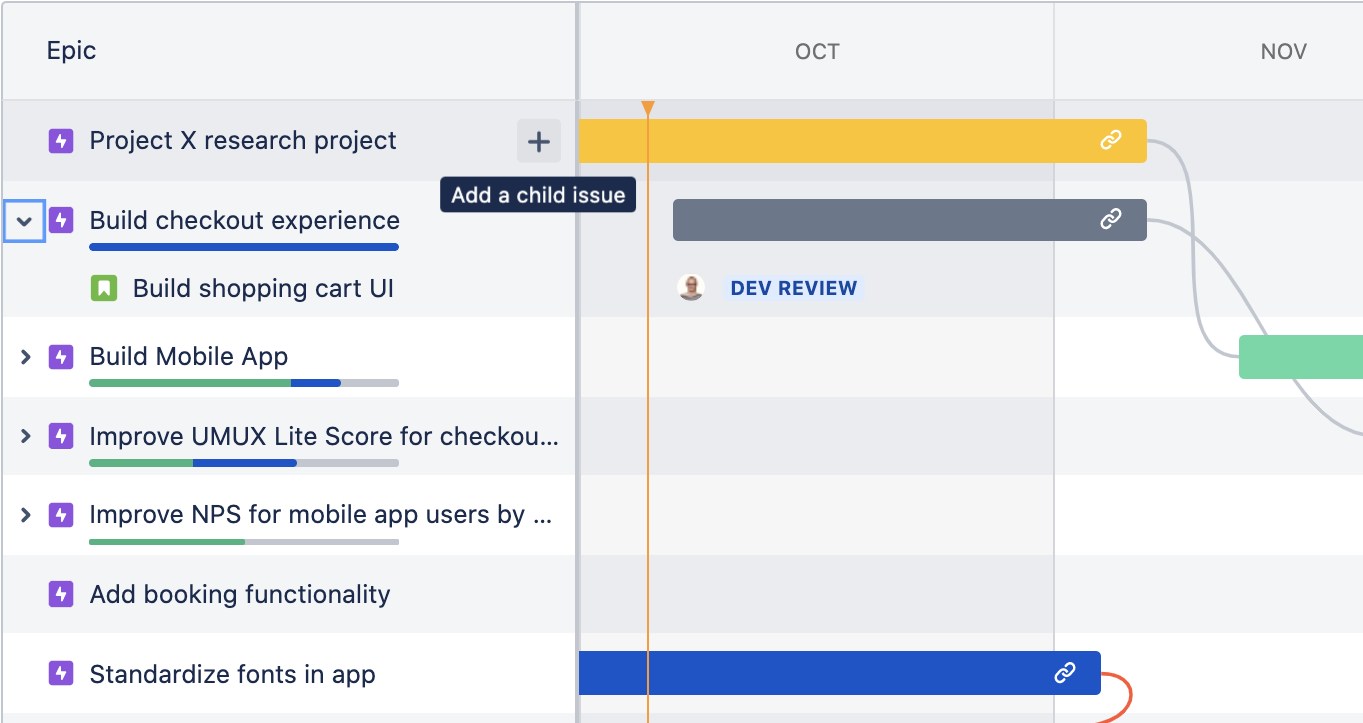 Añadir incidencias secundarias a un epic en la vista de Cronograma de Jira Software