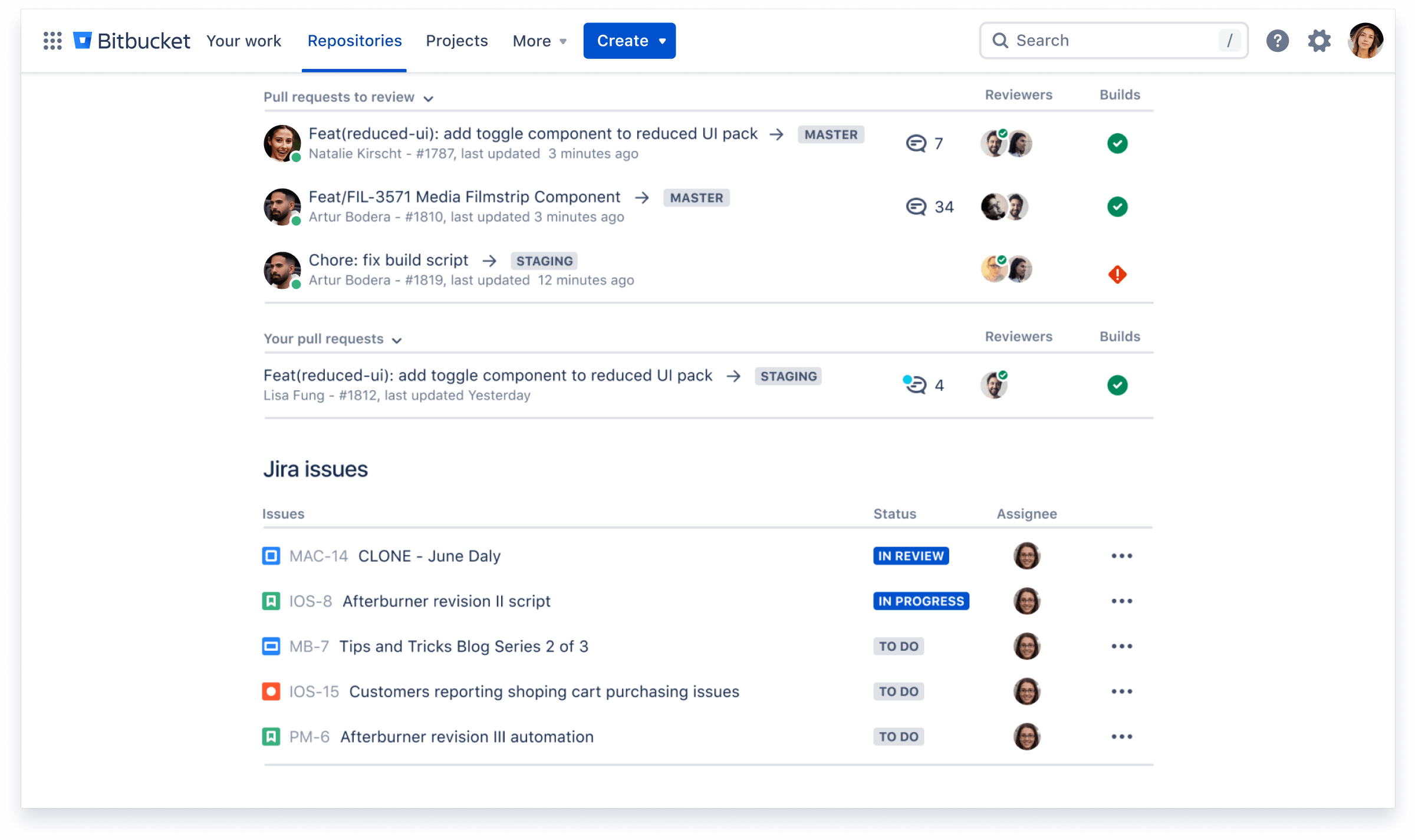 Captura de pantalla de repositorios de Bitbucket.