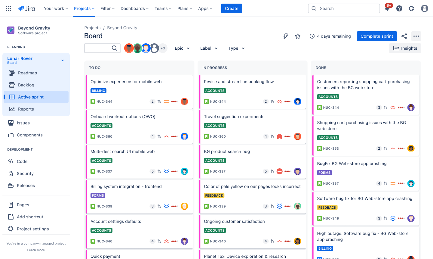 Captura de pantalla de un producto de un tablero de Jira.