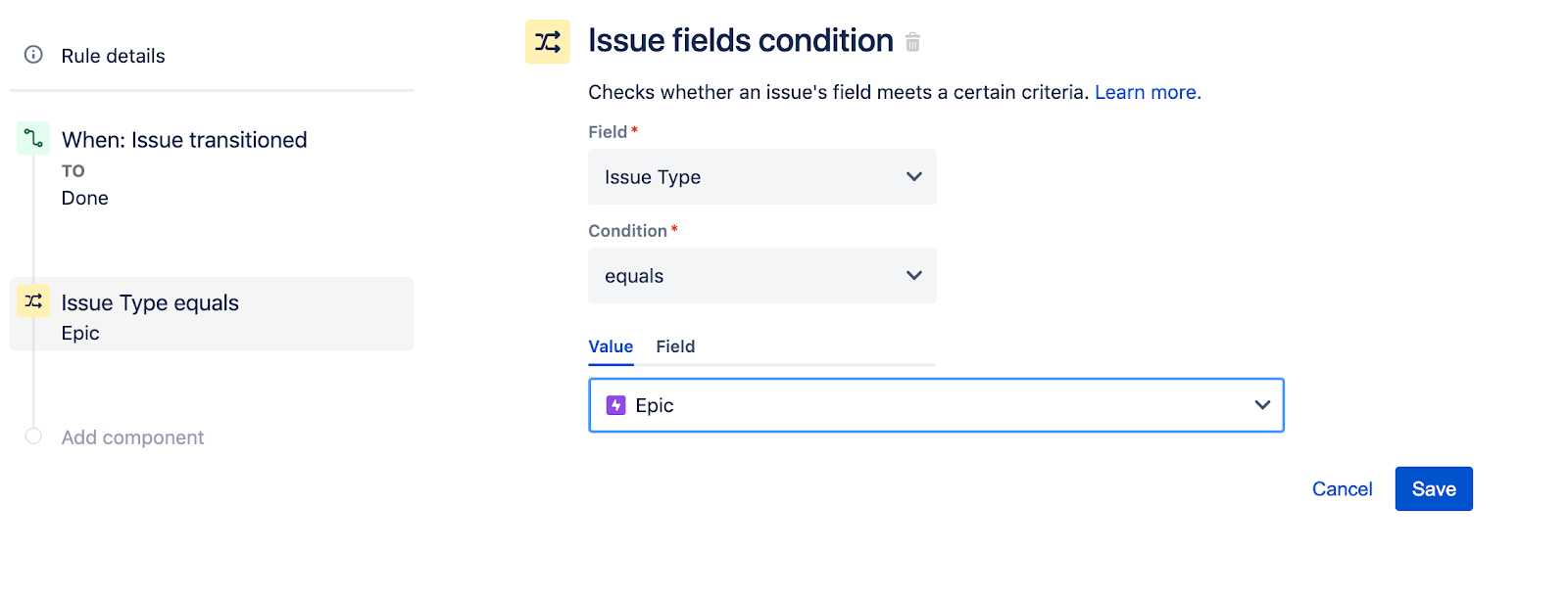 Pantalla de configuración de la Condición de campos de incidencia