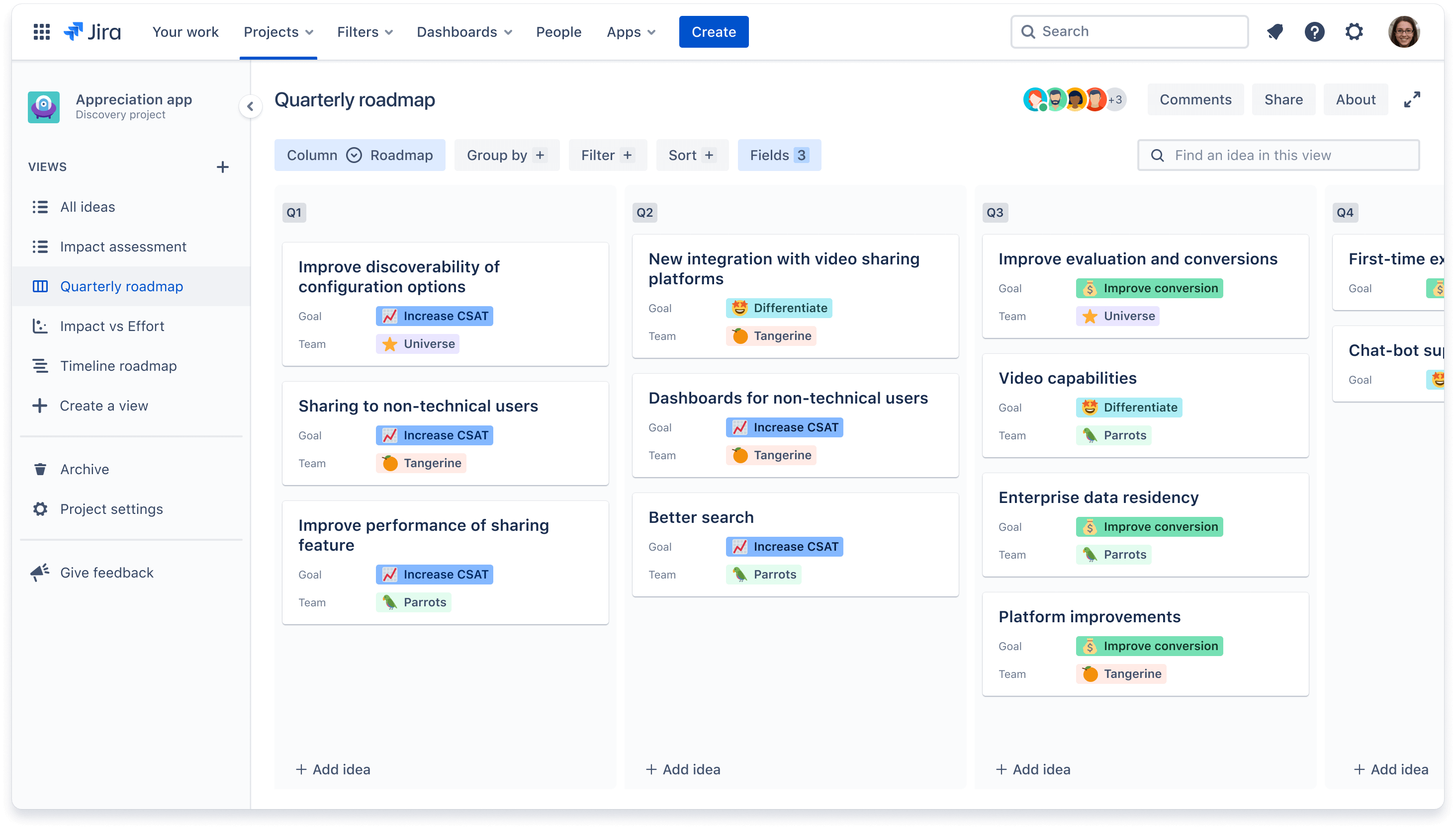 Una roadmap di prodotto trimestrale leggera per i dirigenti.